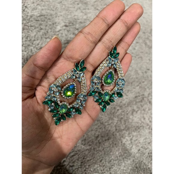 Big Blue and green earring large Emerald crystal chandelier rhinestone 2.6” - Picture 6 of 7